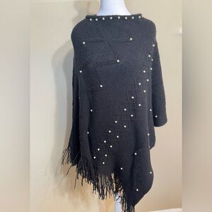 NWT Black Knot Shawl Poncho with Pearl and Fringe Accents